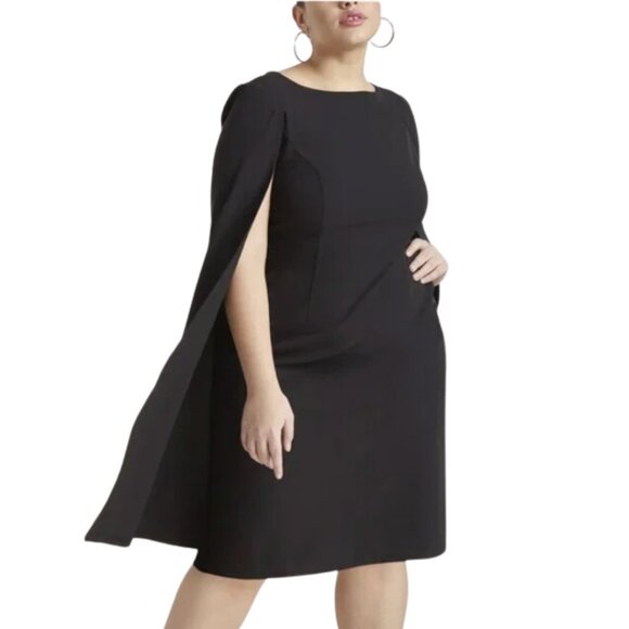 NWT Eloquii Women's Size 28 Boat Neck Cloak Sleeves Cocktail Cape Dress Black - Picture 2 of 16
